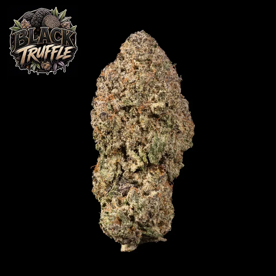 Black Truffle THC 18-27% cannabis flower with logo for weed delivery in Phuket
